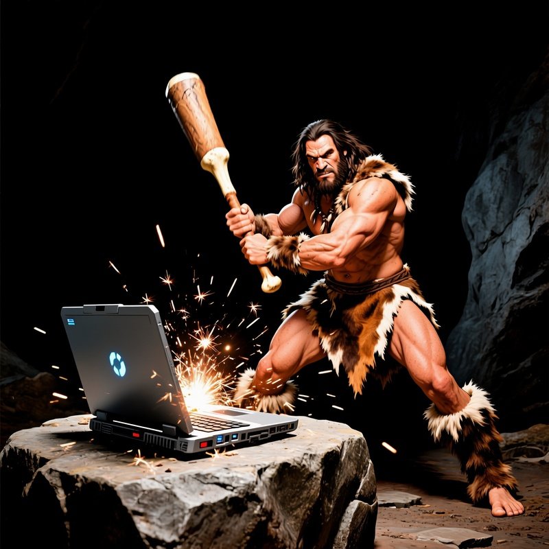 The Caveman Hitting Laptop With Bone Club