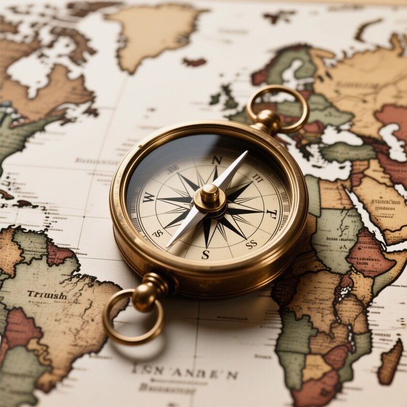 The Compass: An Antique Brass Navigational Compass Resting On A Weathered Map Of The World, Pointing True North, Symbolizing Direction And Business Vision.