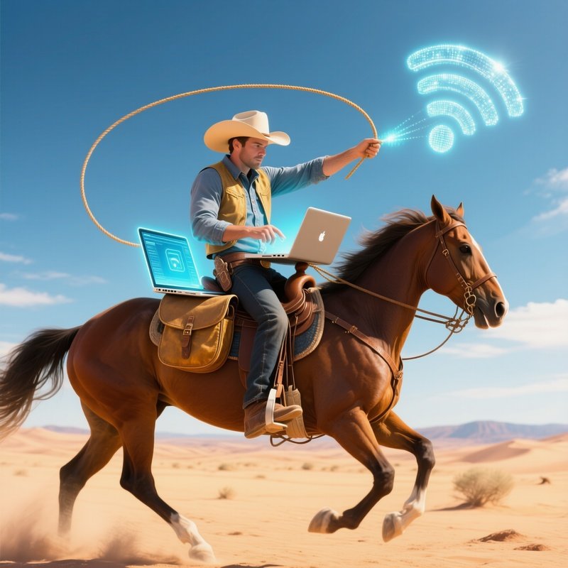 The Cowboy Riding Horse With Laptop From Saddlebag Lasso Catching Signal