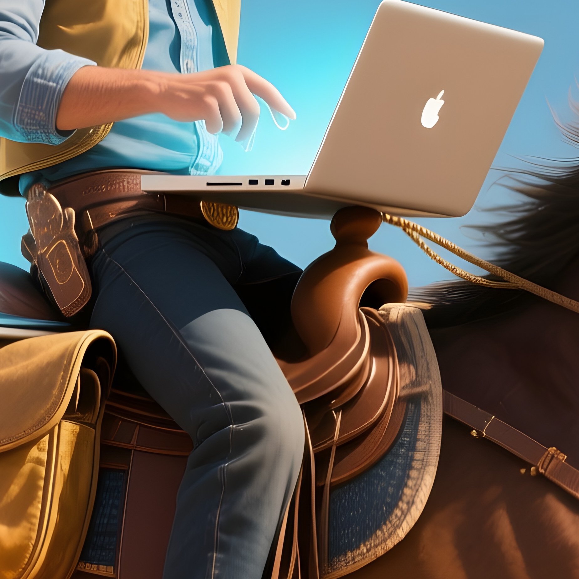 The Cowboy Riding Horse With Laptop From Saddlebag Lasso Catching Signal - Full Resolution Quality Preview