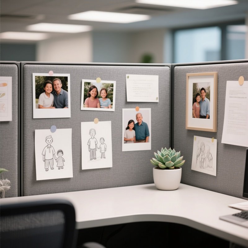 The Cubicle: A Glimpse Into A Personalized Grey Fabric Cubicle Decorated With Family Photos, Drawings, And A Small Potted Succulent.