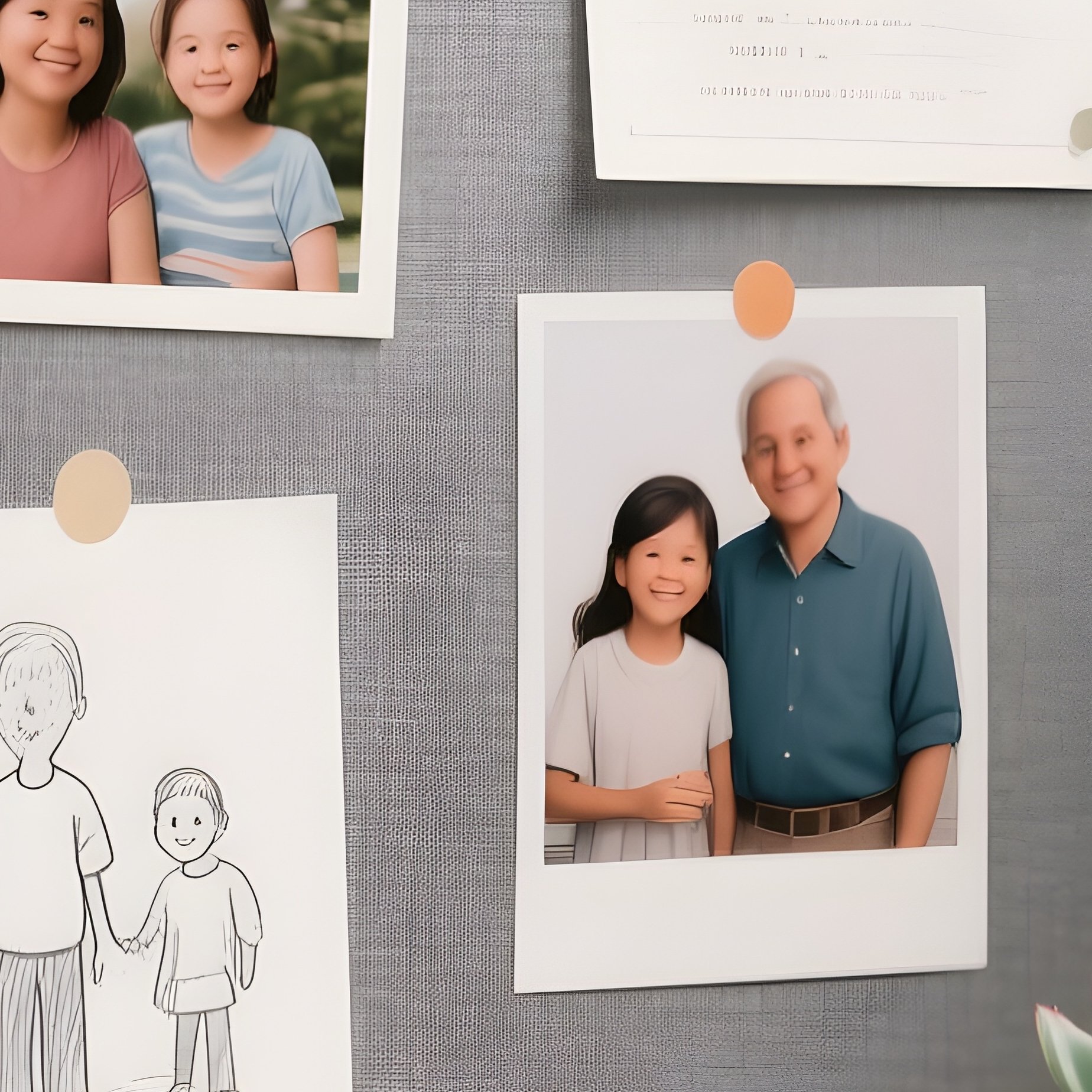 The Cubicle: A Glimpse Into A Personalized Grey Fabric Cubicle Decorated With Family Photos, Drawings, And A Small Potted Succulent. - Full Resolution Quality Preview