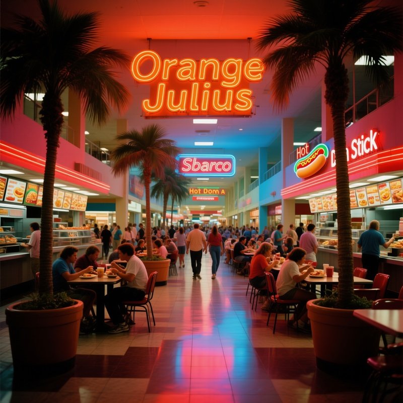 The Food Court A Wide Bustling Shot Of A Shopping Mall Food Court In 1987