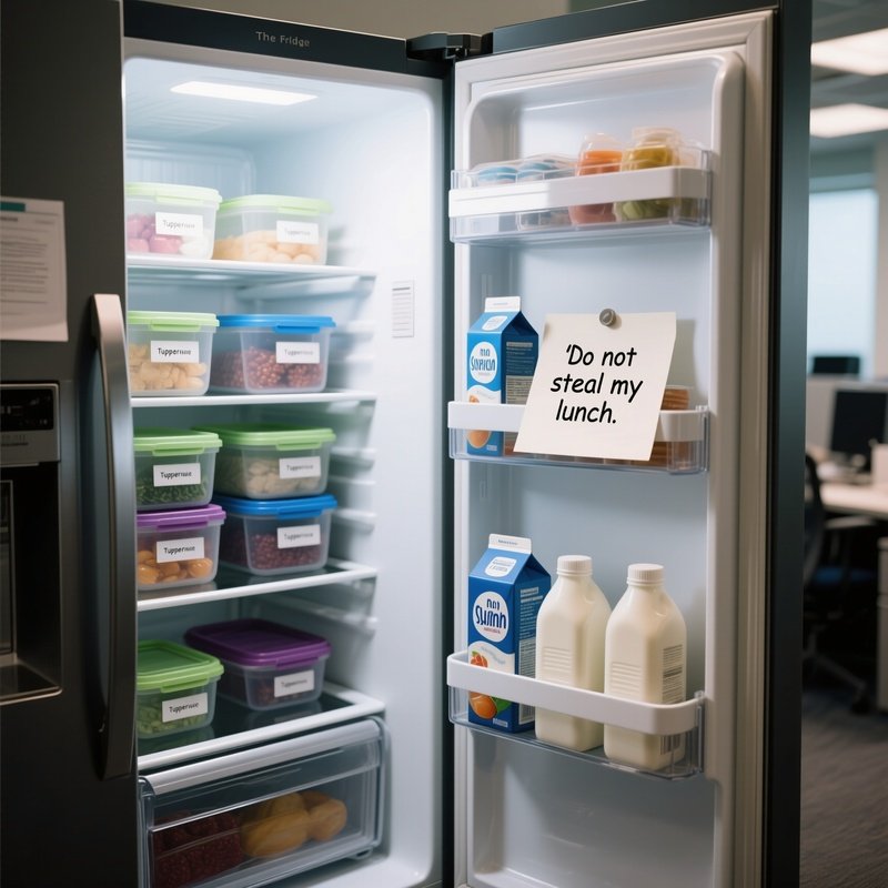 The Fridge: An Open Office Refrigerator Revealing Labeled Tupperware Containers, Milk Cartons, And A "Do Not Steal My Lunch" Note.