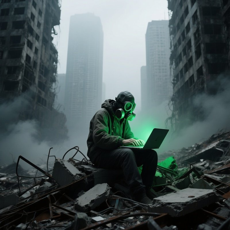 The Gas Mask Coder Sitting On Rubble In Smog Choked City
