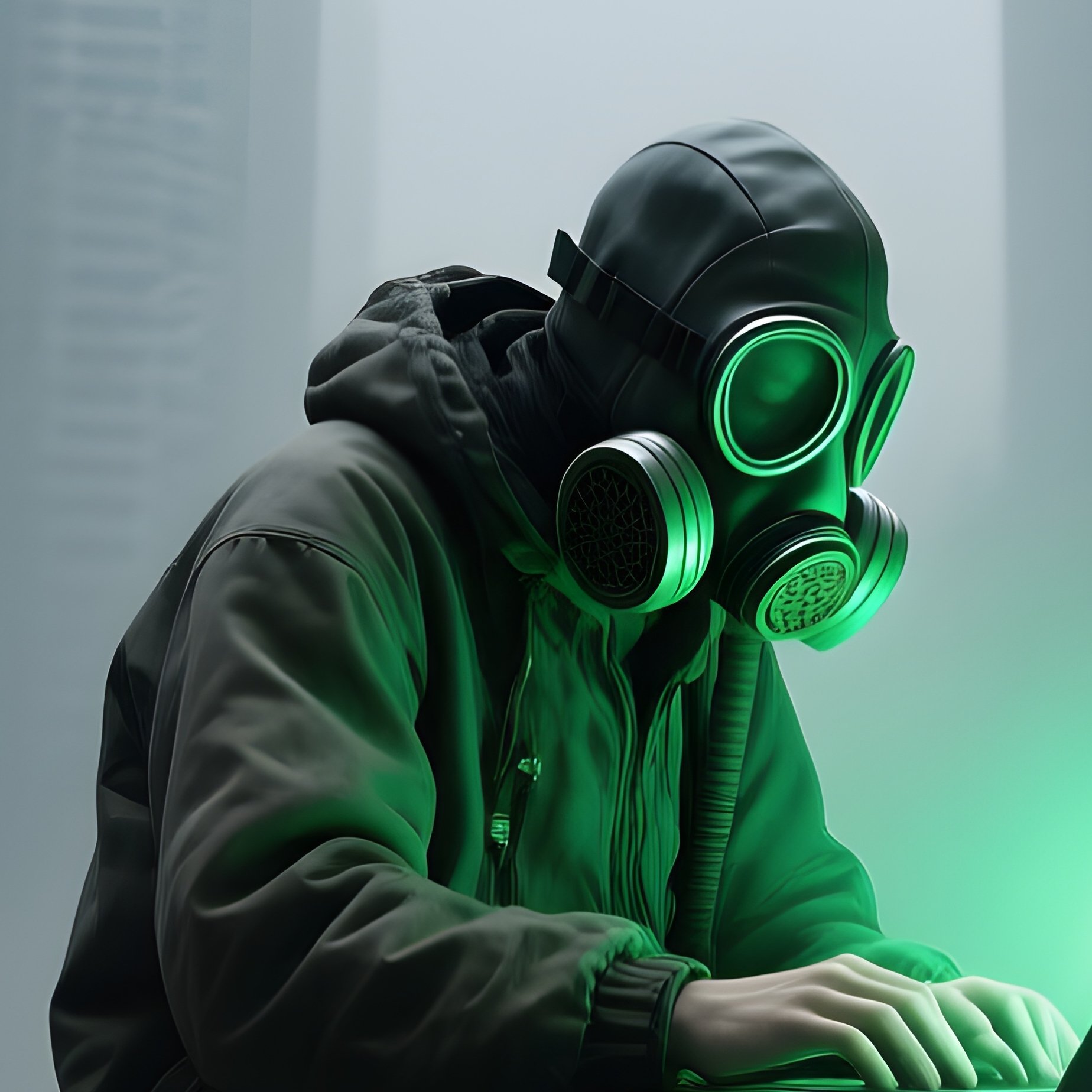The Gas Mask Coder Sitting On Rubble In Smog Choked City - Full Resolution Quality Preview