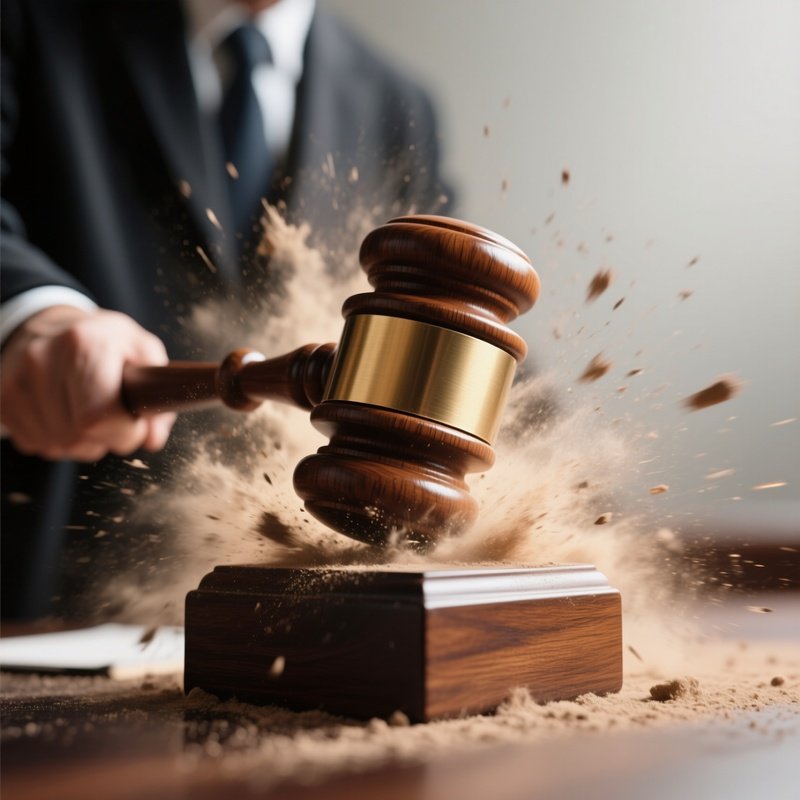 The Gavel: A Wooden Judge’S Gavel Striking A Sound Block, Creating A Shockwave Of Dust, Symbolizing A Final Decision Or Judgment.