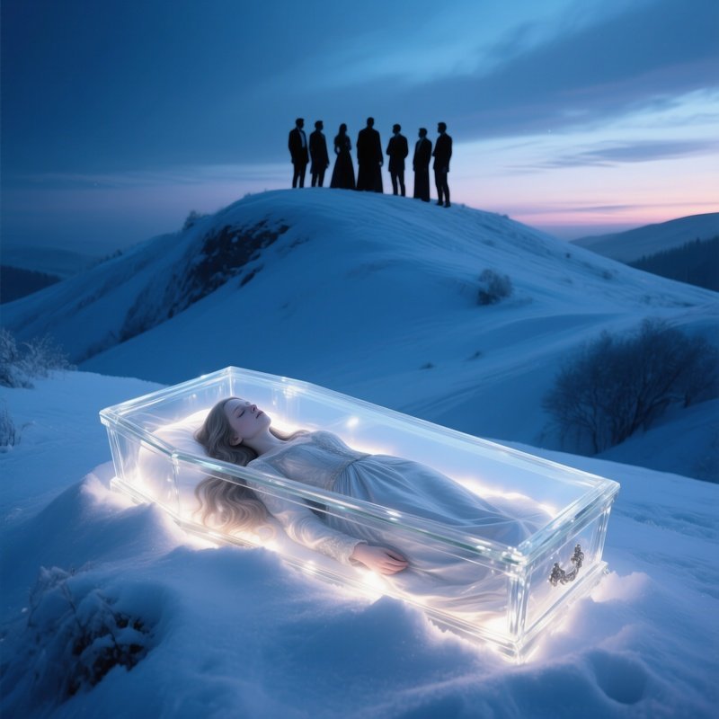The Glass Coffin The Party Finds A Beautiful Person Sleeping In A Glass Box On A Snowy Hill
