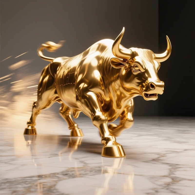 The Golden Bull: A Powerful, Metallic Golden Bull Charging Forward On A Polished Marble Floor, Representing A Rising Stock Market, With Dynamic Motion Blur And Dramatic Studio Lighting.