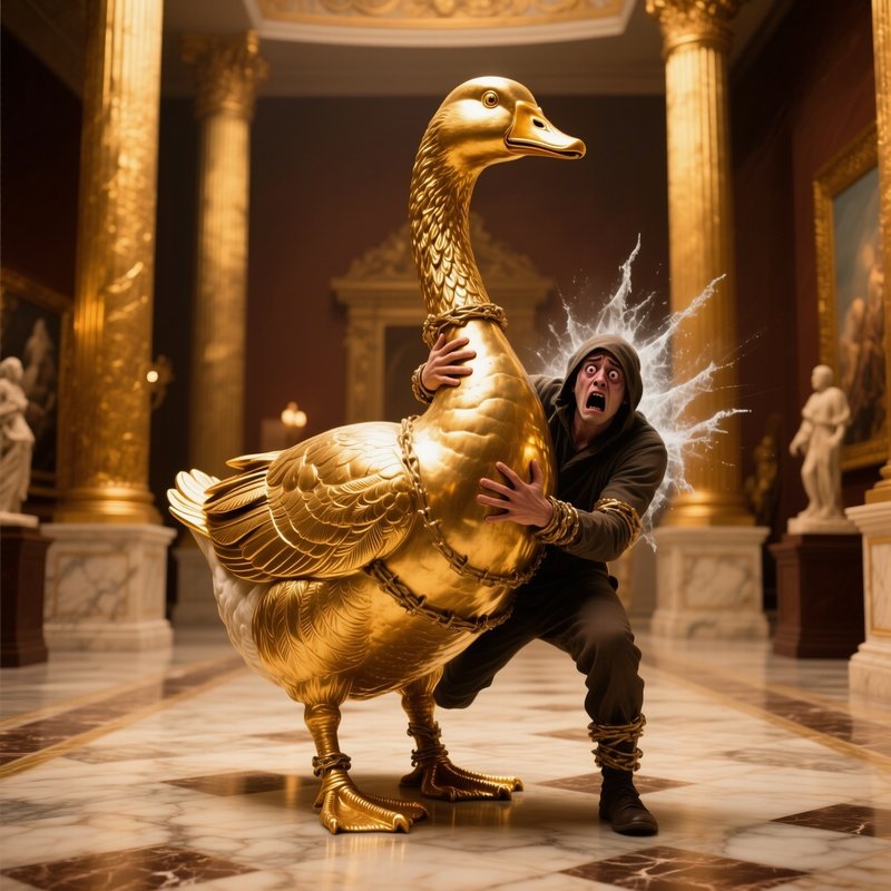 The Golden Goose Thief Stuck To Statue