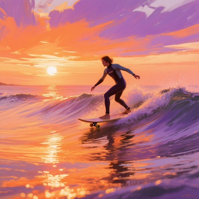The Golden Ride Longboarder On Wave At Sunset