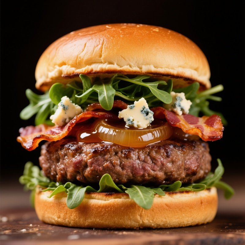 The Gourmet Burger A Tall Burger With A Thick Patty Arugula Caramelized Onion Jam Bacon And Blue Cheese On A Brioche Bun