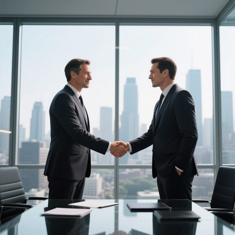 The Handshake: Two Business Executives In Suits Shaking Hands Firmly In A Glass Walled Office, Sealing A Deal, City Skyline Behind.
