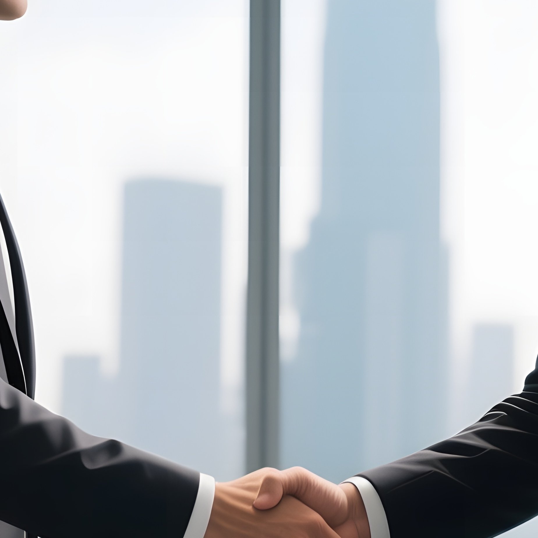 The Handshake: Two Business Executives In Suits Shaking Hands Firmly In A Glass Walled Office, Sealing A Deal, City Skyline Behind. - Full Resolution Quality Preview