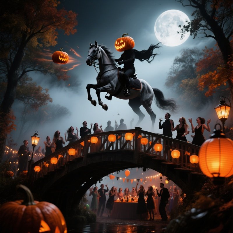 The Headless Horseman Pumpkin Head Throwing At Party Covered Bridge