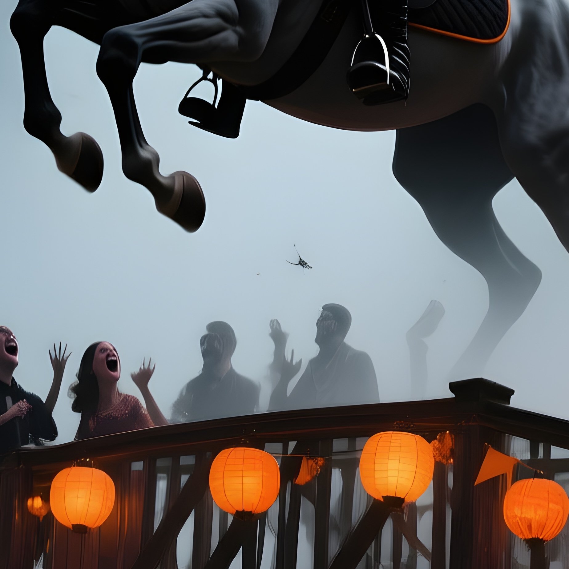The Headless Horseman Pumpkin Head Throwing At Party Covered Bridge - Full Resolution Quality Preview