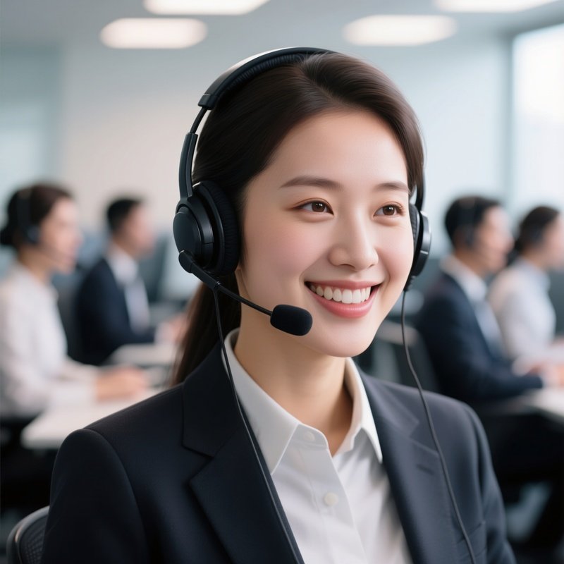 The Headset: A Call Center Agent Wearing A Headset, Smiling While Talking, With A Blurred Background Of Other Agents In Rows.