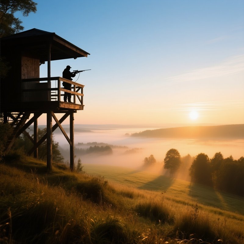 The High Seat At Dawn Hunter S Hochsitz Overlooking Misty Meadow