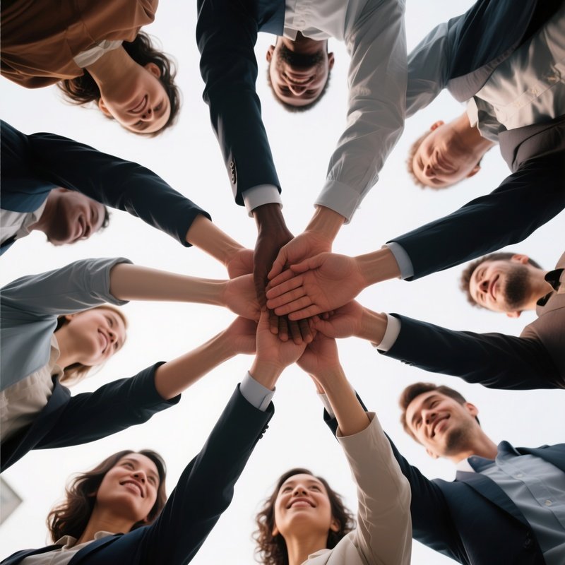 The Huddle: A Low Angle Shot Looking Up At A Circle Of Diverse Colleagues Putting Their Hands In The Center, Representing Unity And Team Spirit.
