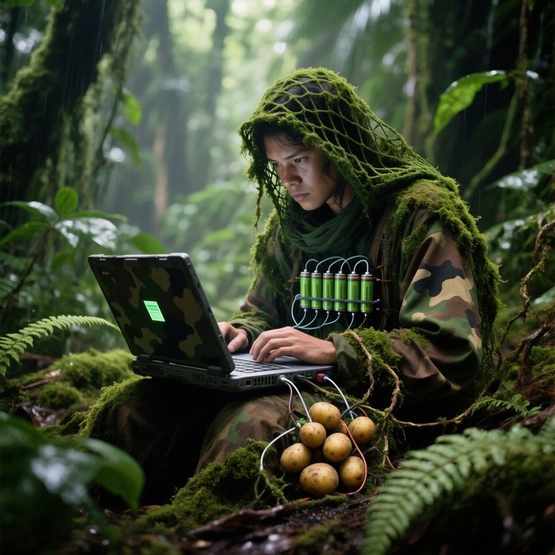 The Jungle Survivor Covered In Moss And Camouflage Typing On A Ruggedized Laptop Powered By A Potato Battery Array Connected To The Local Flora