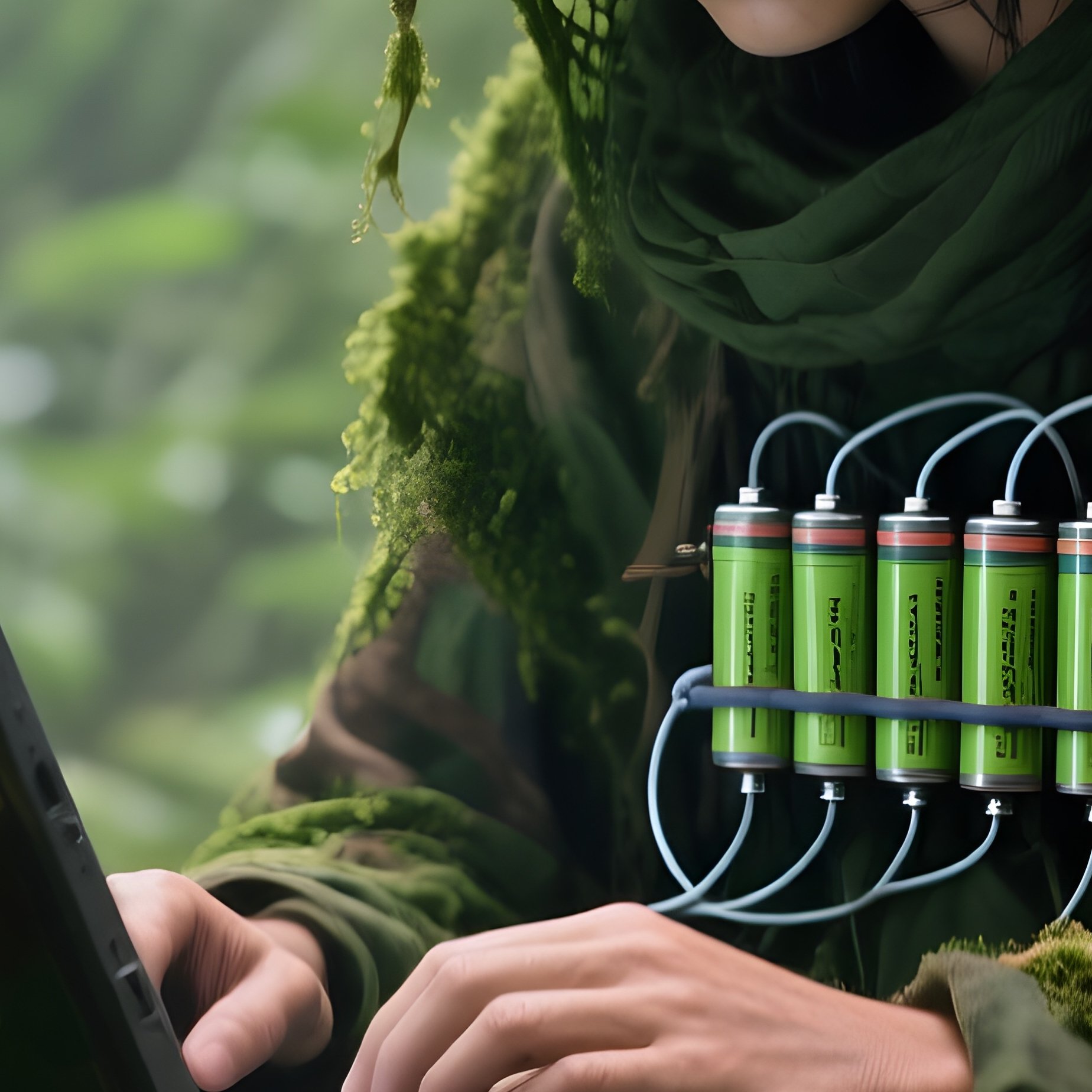 The Jungle Survivor Covered In Moss And Camouflage Typing On A Ruggedized Laptop Powered By A Potato Battery Array Connected To The Local Flora - Full Resolution Quality Preview