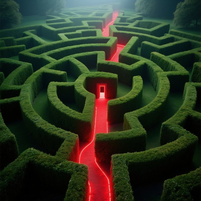 The Labyrinth Aerial View Hedge Maze Glowing Red Path Solving Puzzle