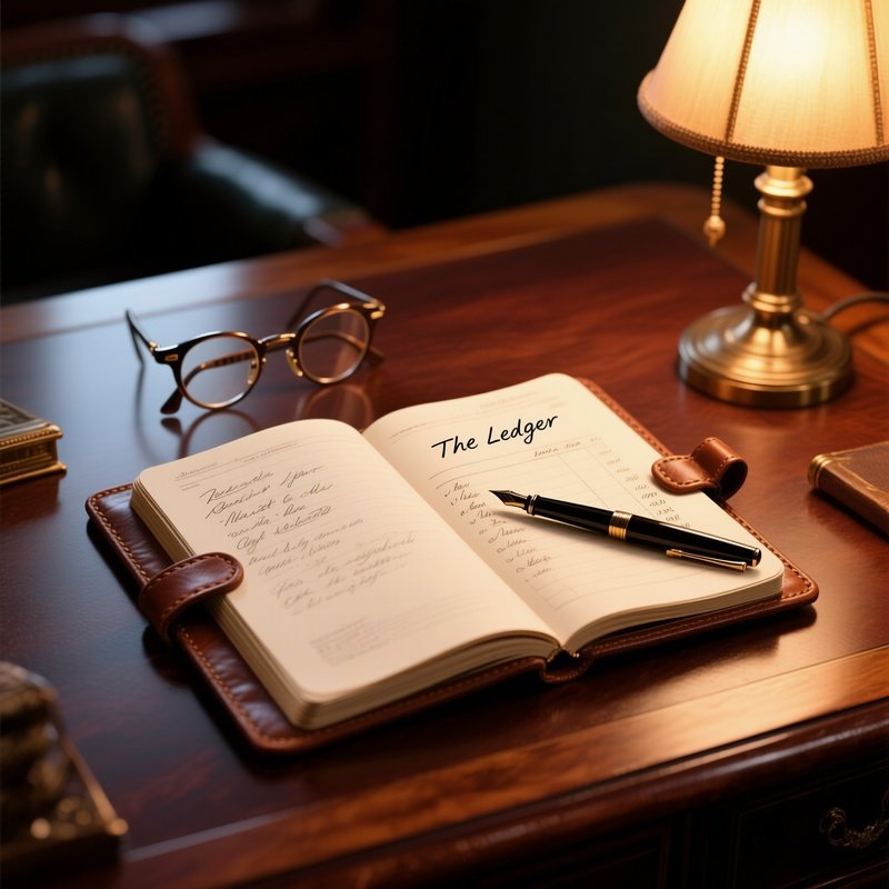 The Ledger: An Open, Leather Bound Accounting Ledger With Fountain Pen Handwriting, Resting On A Mahogany Desk With A Pair Of Vintage Spectacles And A Warm Desk Lamp Glow.