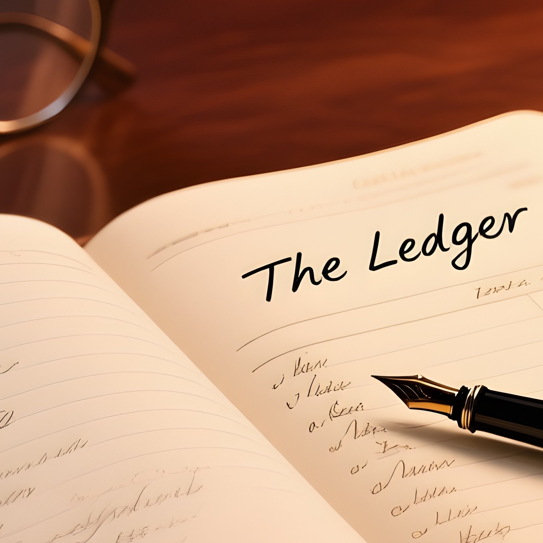 The Ledger: An Open, Leather Bound Accounting Ledger With Fountain Pen Handwriting, Resting On A Mahogany Desk With A Pair Of Vintage Spectacles And A Warm Desk Lamp Glow. - Full Resolution Quality Preview
