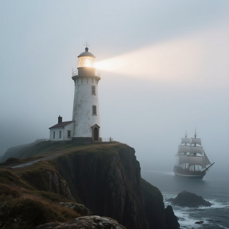 The Lighthouse: A Solitary Lighthouse Standing On A Cliff, Beaming A Bright Light Through Thick Fog, Guiding Ships, Symbolizing Mentorship And Guidance.