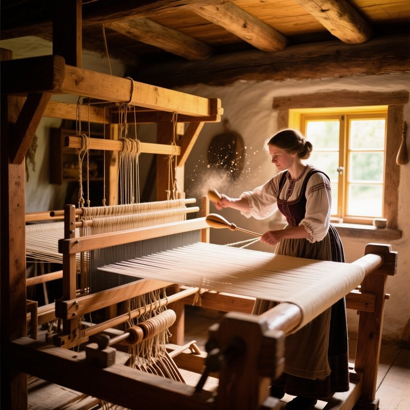 The Loom A Giant Wooden Treadle Loom In A Cottage A Weaver Throws The Shuttle Back And Forth