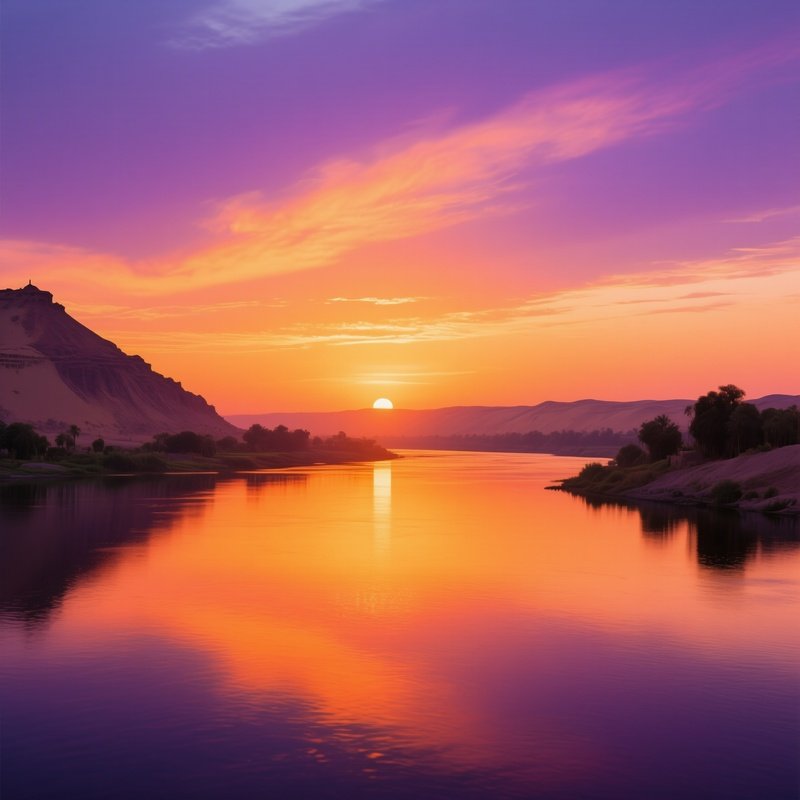 The Nile At Sunset Reflections Of Orange And Purple Skies