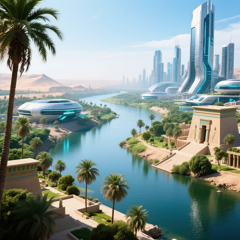 The Nile River In A Lush Green Bank With Palm Trees And Distant Temples Visionary