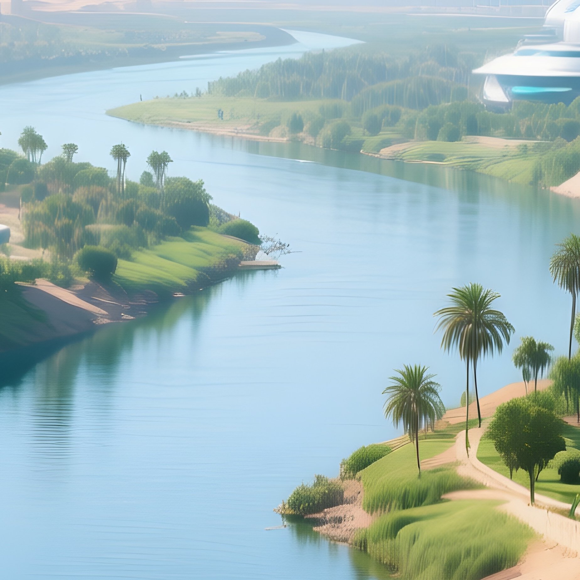 The Nile River In A Lush Green Bank With Palm Trees And Distant Temples Visionary - Full Resolution Quality Preview
