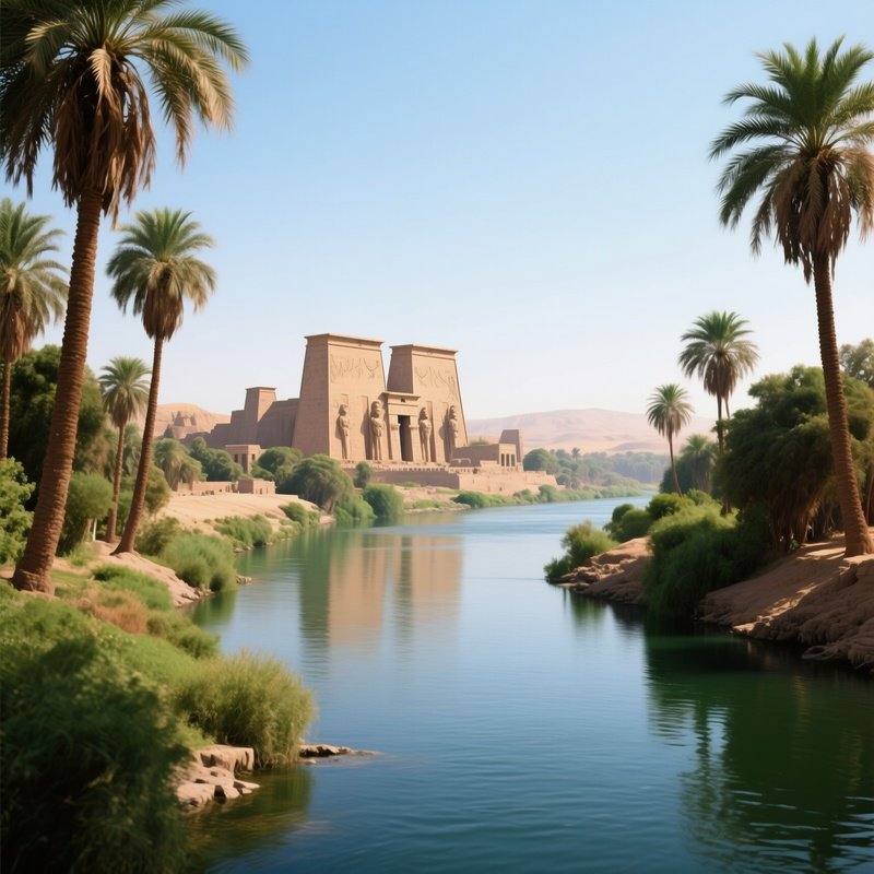 The Nile River In A Lush Green Bank With Palm Trees And Distant Temples