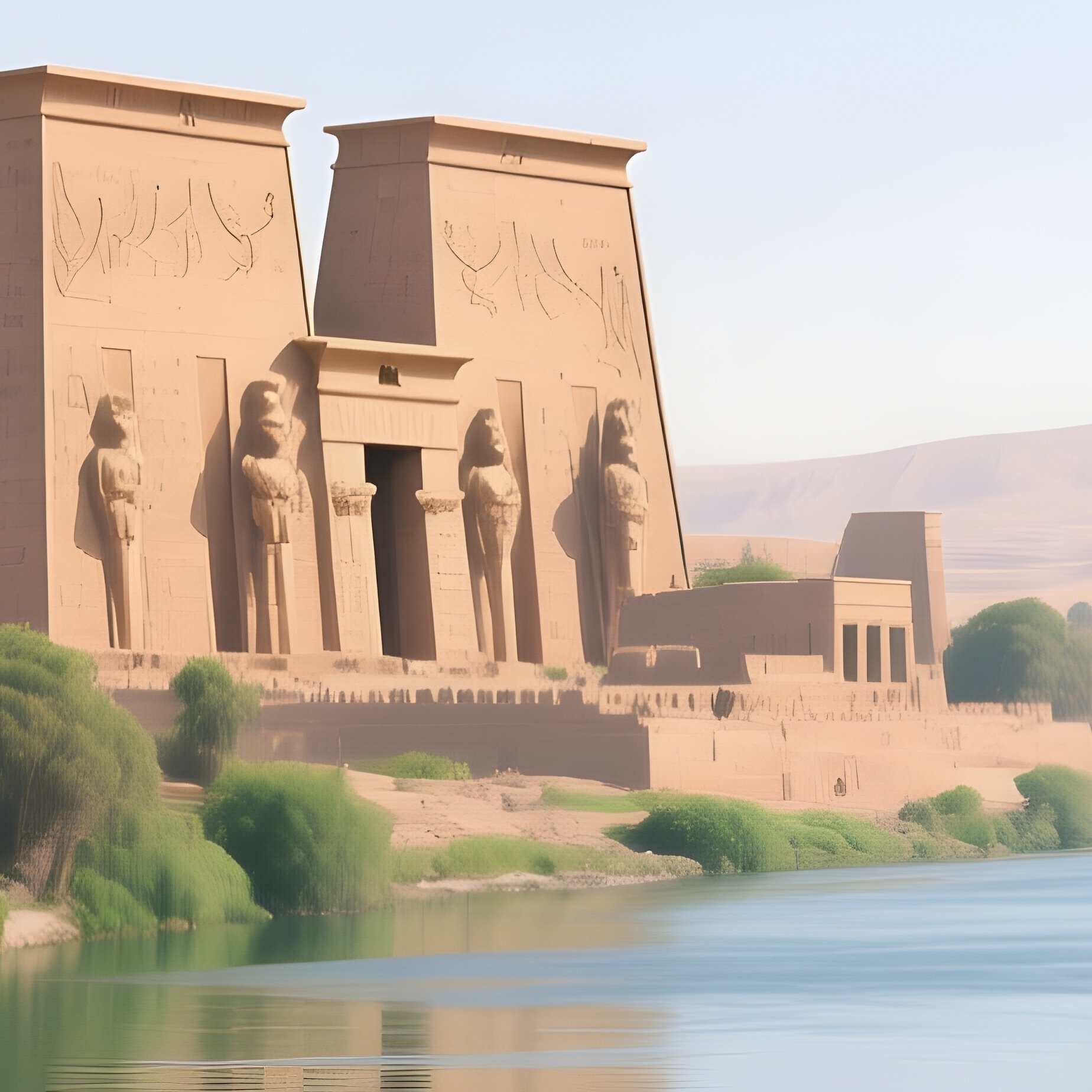 The Nile River In A Lush Green Bank With Palm Trees And Distant Temples - Full Resolution Quality Preview