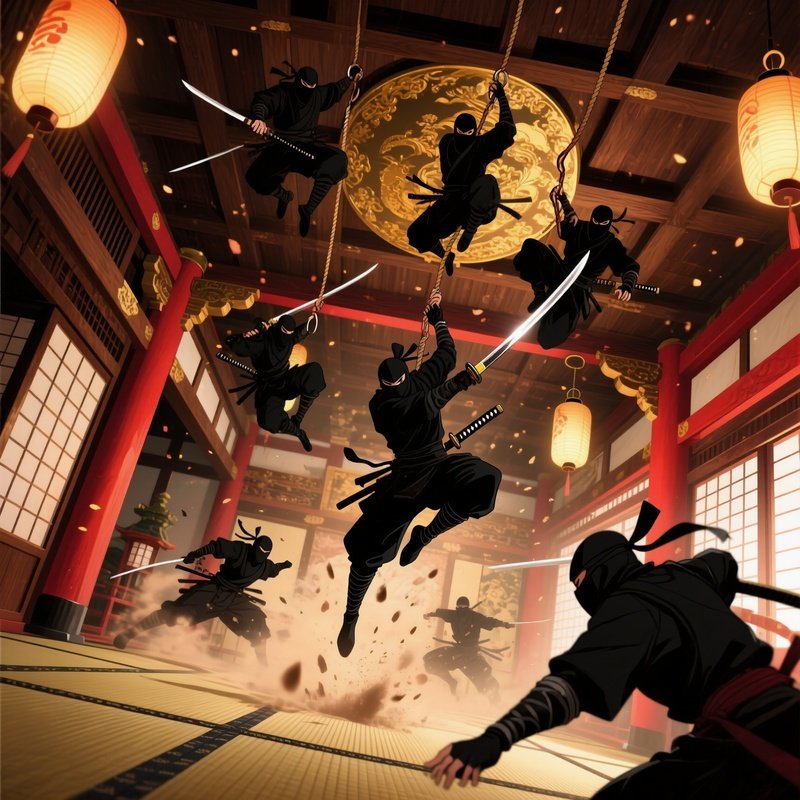 The Ninja Infiltration Assassins Dressed In Black Drop From The Ceiling Of The Shogun S Palace