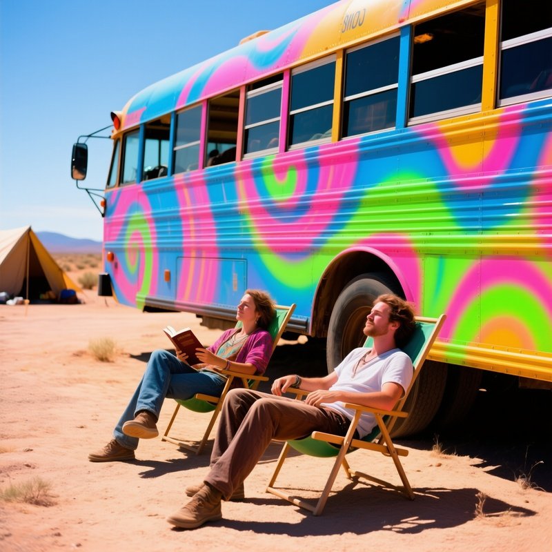 The Nomads Two People Sitting In Folding Chairs Next To A Converted School Bus Painted In Psychedelic Colors