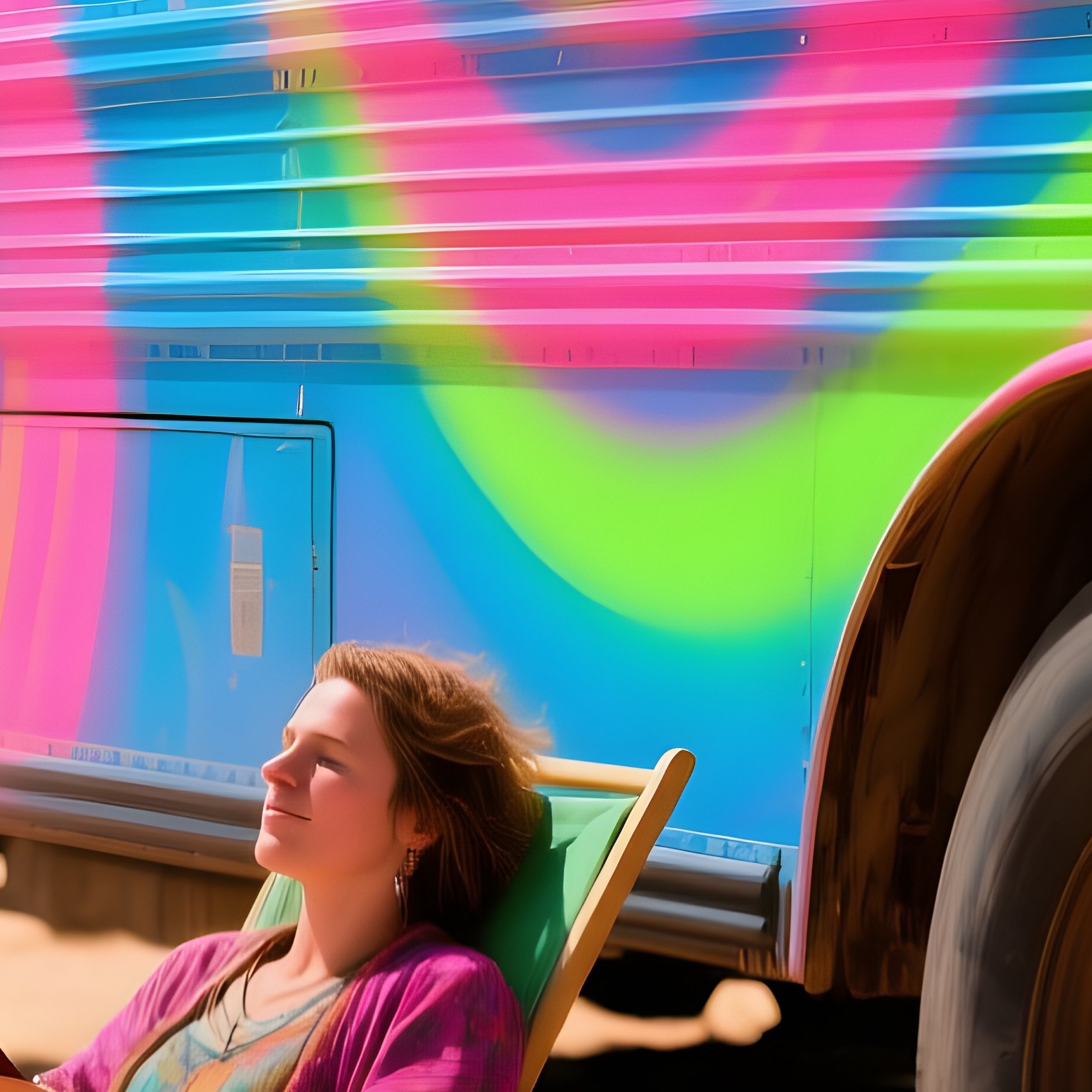 The Nomads Two People Sitting In Folding Chairs Next To A Converted School Bus Painted In Psychedelic Colors - Full Resolution Quality Preview