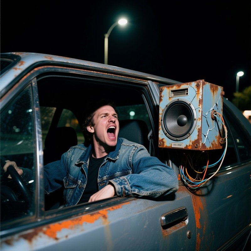 The Order Speaker Grainy Night Shot Driver Denim Jacket Shouting Into Rusty Speaker Box Drive Thru