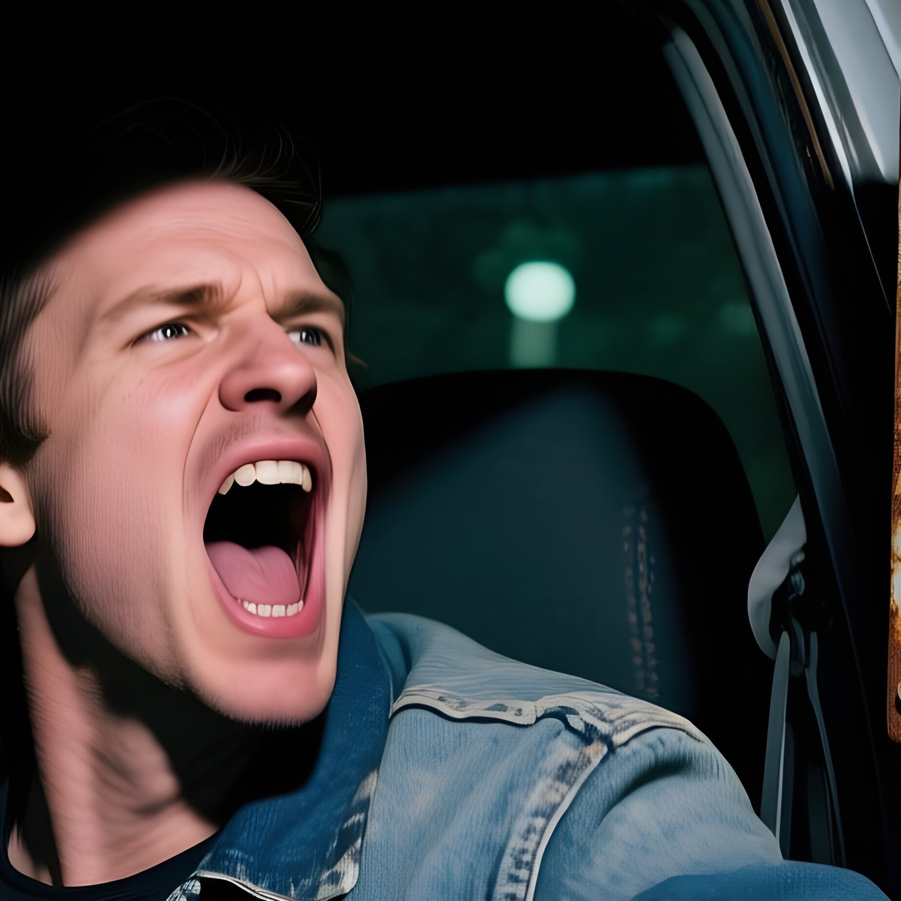 The Order Speaker Grainy Night Shot Driver Denim Jacket Shouting Into Rusty Speaker Box Drive Thru - Full Resolution Quality Preview