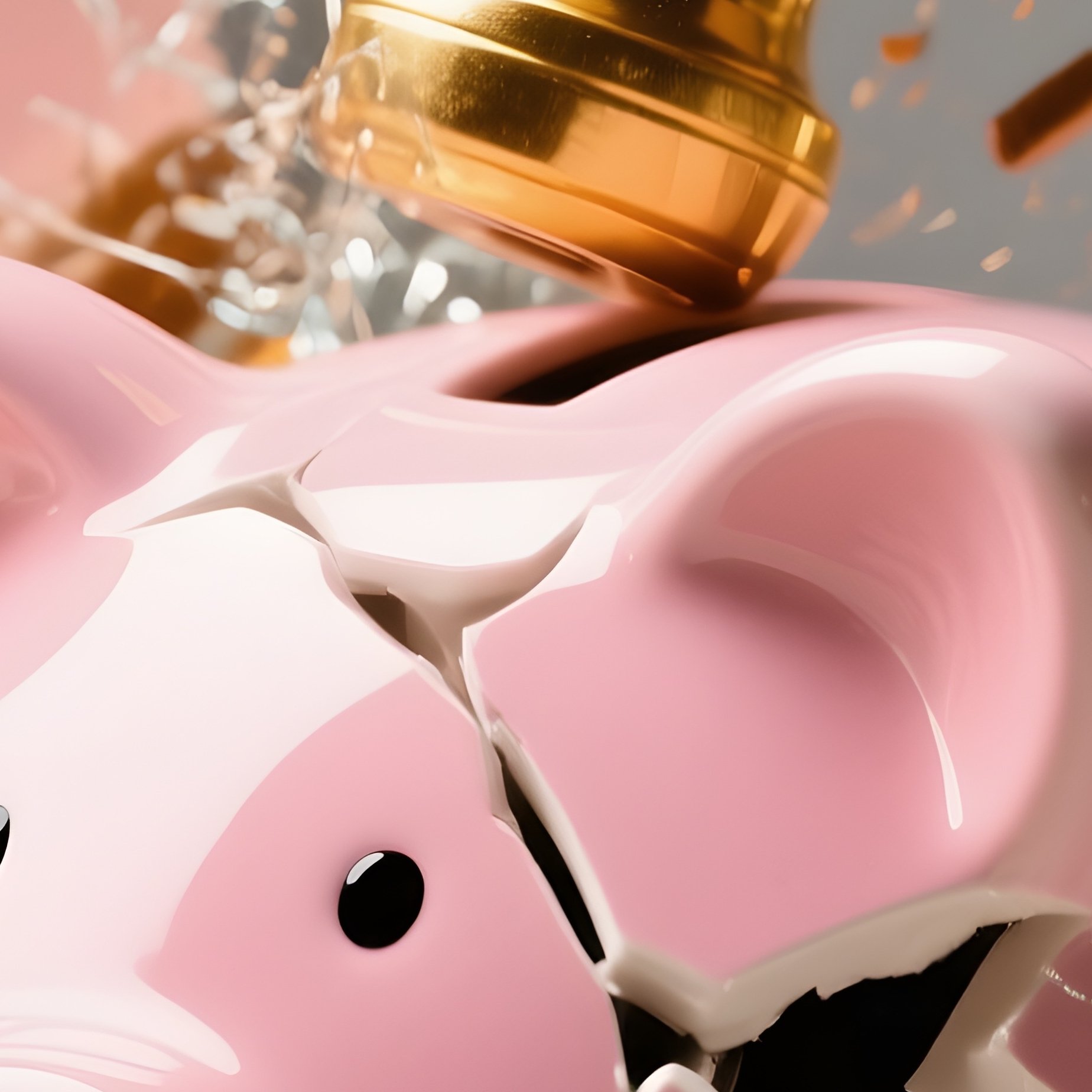 The Piggy Bank: A Close Up Of A Pink Ceramic Piggy Bank Being Shattered By A Golden Hammer In Slow Motion, Coins Exploding Outwards, Captured With High Speed Photography. - Full Resolution Quality Preview