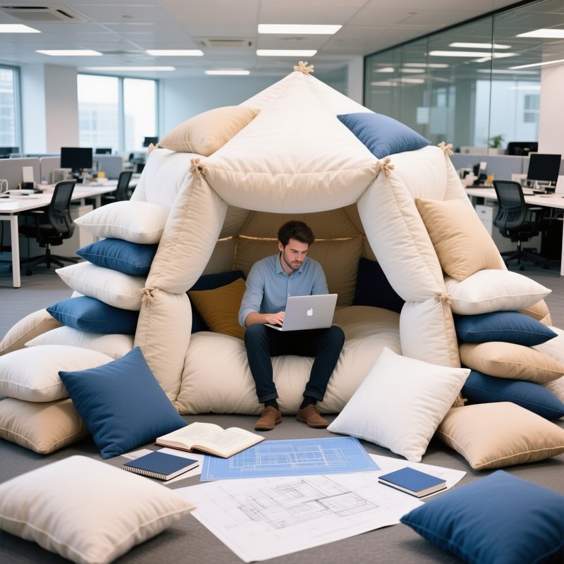 The Pillow Fort Architect Working Inside A Massive Structural Pillow Fort In A Coworking Space