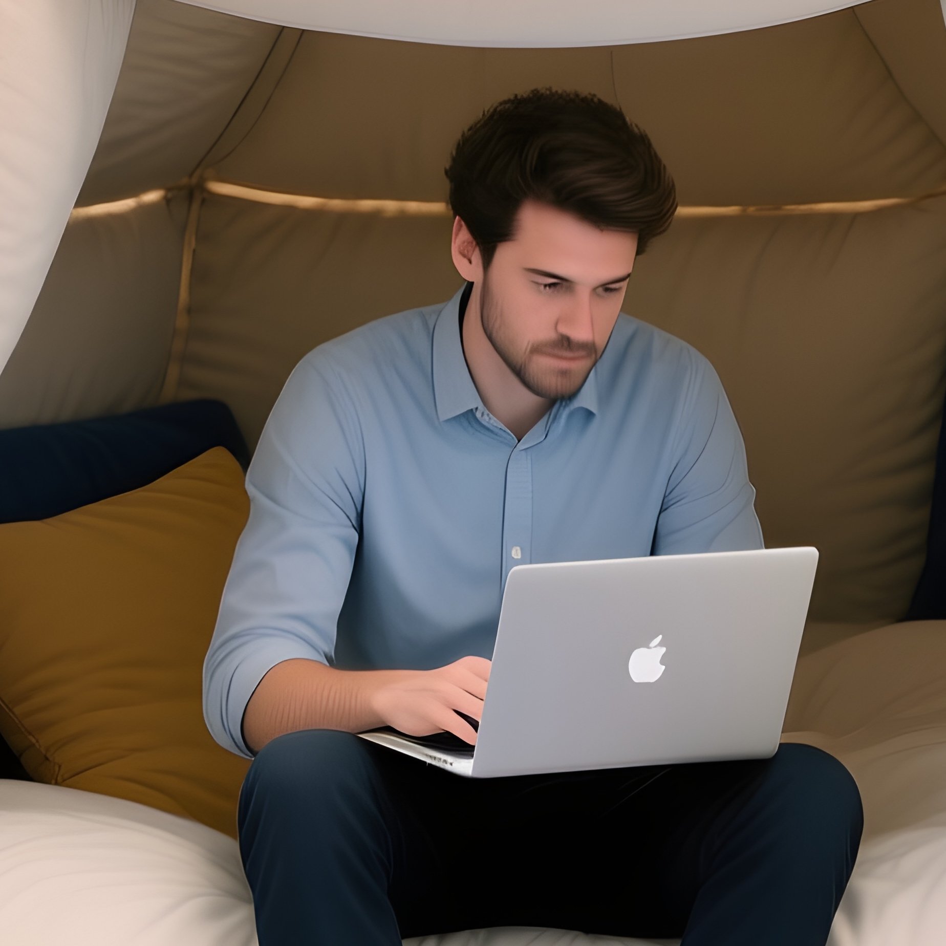 The Pillow Fort Architect Working Inside A Massive Structural Pillow Fort In A Coworking Space - Full Resolution Quality Preview