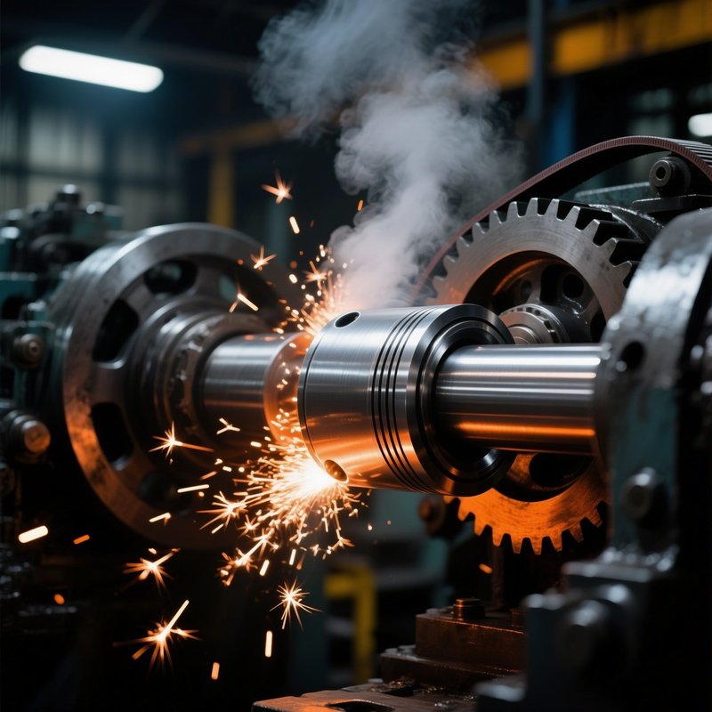 The Piston A Shiny Steel Piston Rod Moving Rhythmically In And Out Of A Cylinder Driving The Factory