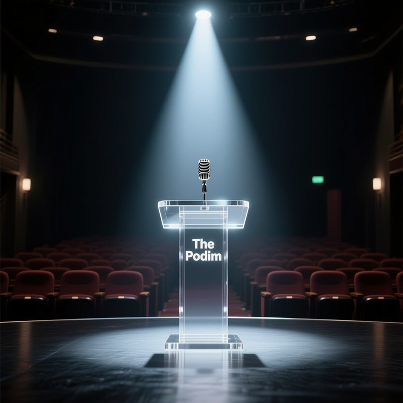 The Podium: A Sleek, Modern Acrylic Podium With A Microphone, Illuminated By A Single Spotlight In A Dark Auditorium, Awaiting A Leader'S Speech.