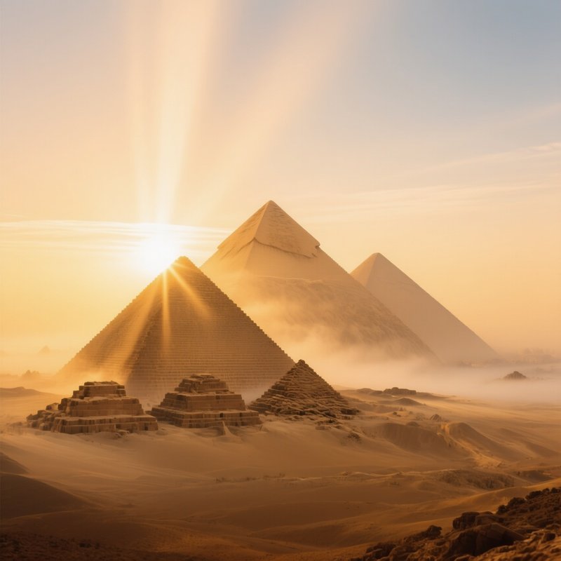 The Pyramids Surrounded By Faint Mist As Morning Sunlight Breaks Through