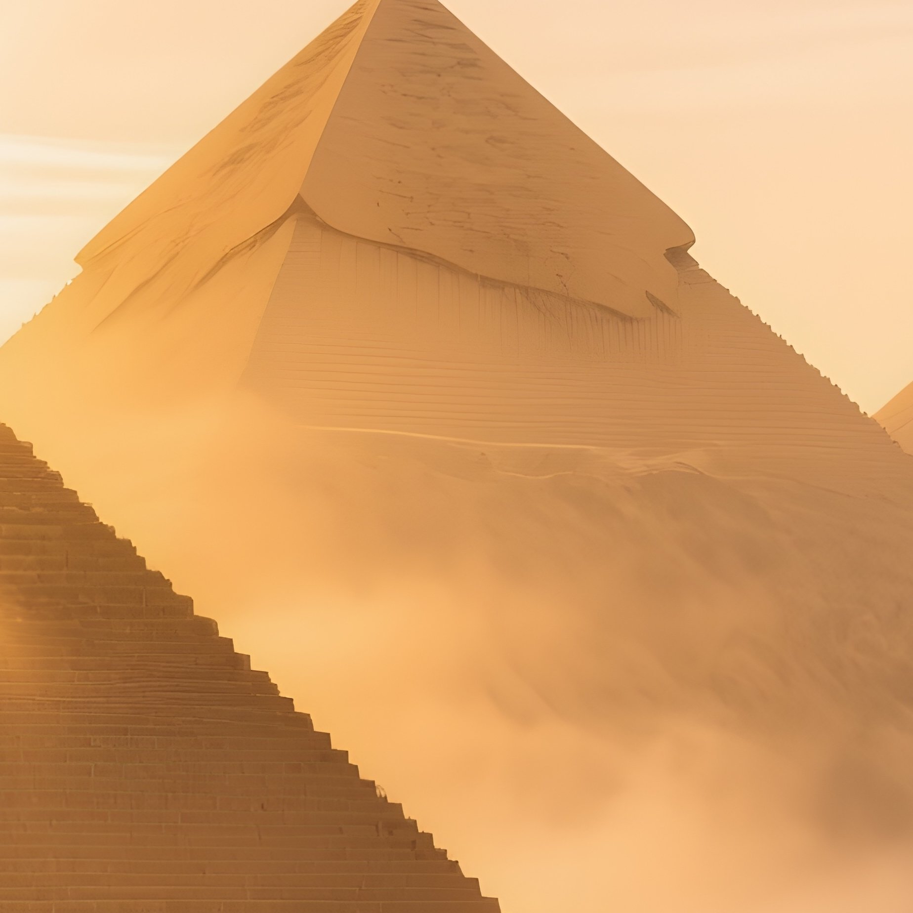 The Pyramids Surrounded By Faint Mist As Morning Sunlight Breaks Through - Full Resolution Quality Preview
