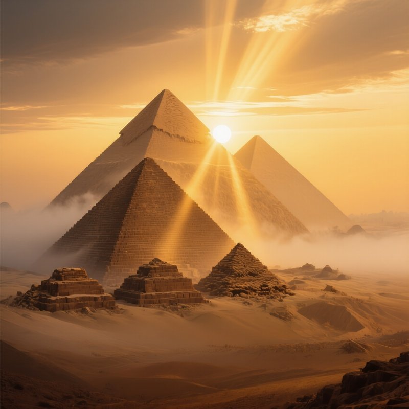 The Pyramids Surrounded By Faint Mist As Morning Sunlight Breaks Through Digital
