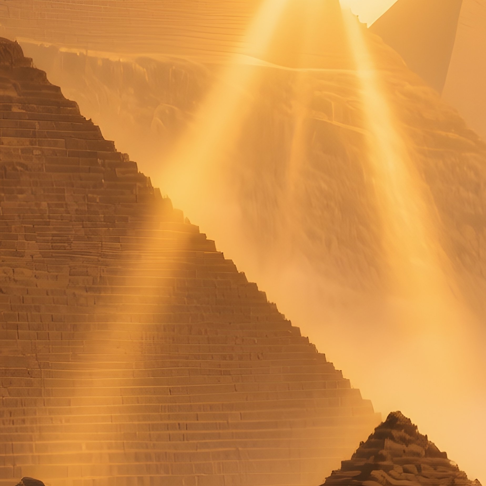 The Pyramids Surrounded By Faint Mist As Morning Sunlight Breaks Through Digital - Full Resolution Quality Preview