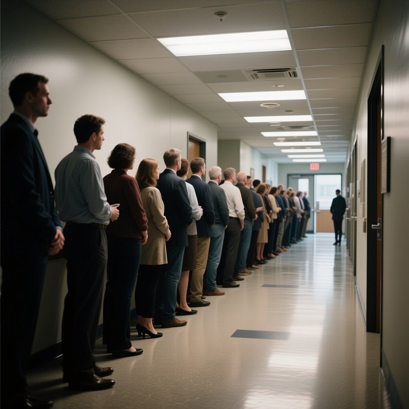 The Queue: A Long Line Of People Standing In A Hallway With Linoleum Floors, Waiting For The Office To Open, Lit By Harsh Fluorescent Ceiling Lights.